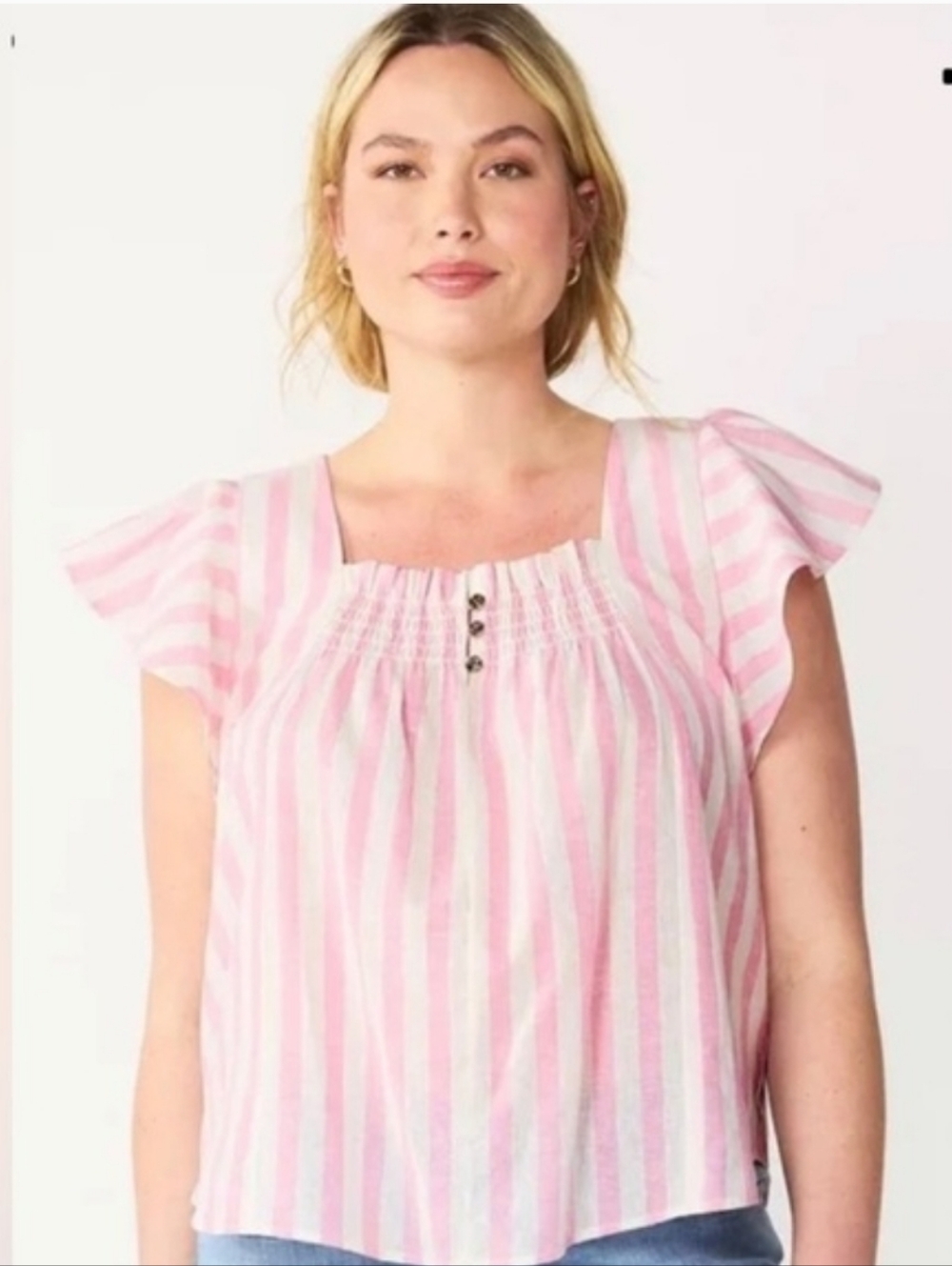 Draper James pink and white striped blouse with ruffle sleeves XXL Resort Vacay